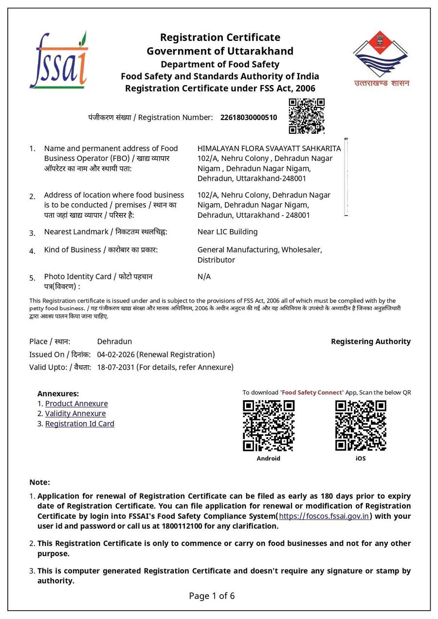 FSSAI registration certificate of Himalayan Flora Svaayatt Sahkarita