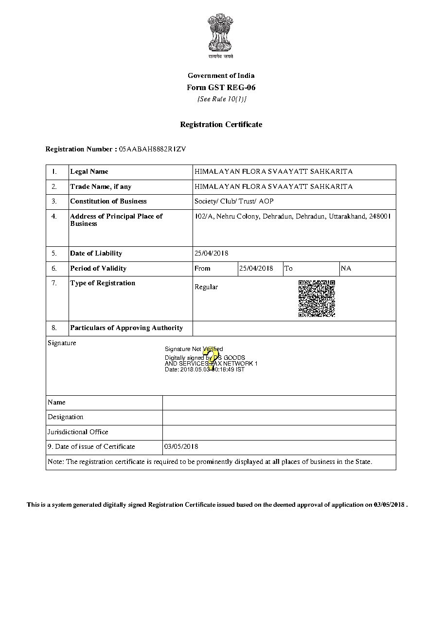 GST registration certificate of Himalayan Flora Svaayatt Sahkarita
