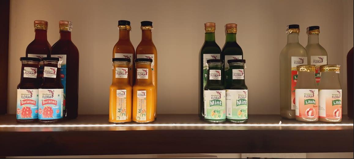Juices and vinegar on a shelf